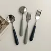 Geschirr-Sets, Retro-Keramik, dicker Griff, Edelstahl, runder Kopf, Dessert, Kaffeelöffel, Kuchen, Obst, Gabel, Morandi-Farbgeschirr, 2-teilig