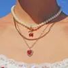 Catene a strati lucido cristallo rosso ciliegia cuore perla collana di perline per le donne colore oro catena clavicola cubana gioielli per feste