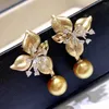 Brincos de balanço MJ Pearl Jóias finas 925 prata esterlina 9-10mm Nature Water Water Golden Pearls Drop for Women
