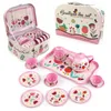 Jouer Nourriture Jouets Enfants Service À Thé 15 Pcs Rose Étain Partie Après-Midi Temps Playset Métal Théières Tasses Plats Princesse Kit avec Étui De Transport