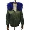 Giubbotto bomber in tessuto di nylon verde militare in pelliccia da donna da donna e da uomo, abbigliamento invernale alla moda con fodera e colletto in finto blu