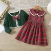 Girl's Dresses Kids Plaid Long Sleeve Christmas Sets for Girls Autumn Toddler Casual Lace Knit Tops A-line Children Clothing 221107