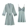 Women's Sleepwear Spring Autumn Sexy Embroidery Robe Split Nightdress Women 2PCS Homewear Kimono Bathrobe Gown Nightgown