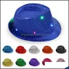 Party Hats Led Jazz Party Hats Flashing Light Up Fedora Trilby Sequins Caps Dress Dance Unisex Hip Hop Lamp Luminous Hat Drop Delive Dhqci