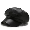 Boinas 2022 Moda Moda Solid Pu Leather Sboy Cap Artista Mulheres coreanas Octogonal Primavera Inverno Gureta Ajustável Casual