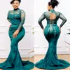 Aso Ebi Lace Stain Mermaid Prom Dresses lange mouwen Hunter Green African Evening Second Reception Birthday Engagement Dress