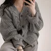 Women's Knits V Neck Puff Long Sleeve Cropped Pink Cardigan Women Clothes Pull Sueters De Mujer Korean Twist Sweater Knit Coat Grey Y2k Top