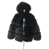 Femmes Élégant Noir Faux Manteau De Fourrure De Renard À Capuche Femme Épais Chaud Fluffy Veste De Fourrure Artificielle