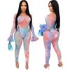 Women's Tracksuits BKLD Mesh Print Night Clubwear Off The Shoulder Long Sleeve Bodysuit And Pants Party Two Piece Set Tie Dye Outfit Summer