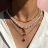 Catene a strati lucido cristallo rosso ciliegia cuore perla collana di perline per le donne colore oro catena clavicola cubana gioielli per feste