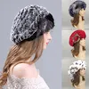 Berets Dame Baskenmütze Kappen Gestrickte Warme Echte Rex Pelz Mützen Hüte Für Frauen Dicke Winter Kappe 1PC