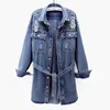 Trench da donna Giacca jeans da donna Primavera Autunno Coreano Vintage Cintura con rivetti con foro Cappotto medio lungo Giacca a vento in denim femminile Capispalla