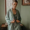 Women's Sleepwear Spring Autumn Sexy Embroidery Robe Split Nightdress Women 2PCS Homewear Kimono Bathrobe Gown Nightgown