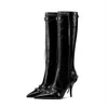 Women's Boots Fashion Sexy Top Layer Cowhide Solid Color Pointed Heel Shoes Retro Metal Zipper Over Knee High Slim Fringe Shoes 34-45