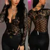 Women's T Shirts Mesh Top Women Sexy See Through Lace Shirt Tops Black Hollow Out Sheer V Neck Transparent Slim Undershirt Tee