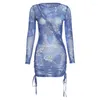 Casual Dresses Mesh See Through Print Drawstring Party Mini Women Spring Sexy Long Sleeve Midnight Clubwear Bodycon Female Dress