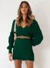 Повседневные платья Laisiyi Sweater Платье V v Nece вязаная Y2K Fashion Green Осень Осень Зимняя Твист теплая и толстая женская одежда MIDI