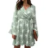 Casual Dresses ASDS-Casual Chic Women Mini Autumn Flared Sleeve V-Neck Lace-Up Printed Floral Dress Elegant Fashion