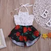 Flickakl￤nningar f￶dda babykl￤der ￤rml￶sa spetsblomma tryck band romper jumpsuit en stycke outfit sommar