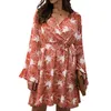 Casual Dresses ASDS-Casual Chic Women Mini Autumn Flared Sleeve V-Neck Lace-Up Printed Floral Dress Elegant Fashion