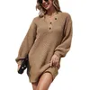 Casual Dresses Loose Knitted Sweater V Neck Button Long Lantern Sleeve Pullover Vestidos MMY-D2813