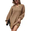 Casual kl￤nningar L￶st stickad tr￶ja V Neck-knapp L￥ng lykta ￤rm Pullover Vestidos Mmy-D2813