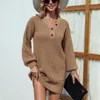 Casual Dresses Loose Knitted Sweater V Neck Button Long Lantern Sleeve Pullover Vestidos MMY-D2813