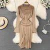 Casual Dresses Hikigawa Chic Fashion Women Autumn Retro Elegant Turn Down Collar Flare Long Sleeve Knit Button Up Slit Vestidos Mujer