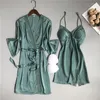 Women's Sleepwear Sexy Lace Kimono Bath Gown Women 2PCS Robe Set Chemise Nightgown Summer Satin V-Neck Bathrobe Nightwear Home Clothes