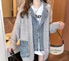 2023 Long Sleeve Women's Jackets Black New Spring Turn-down Collar Full Sleeves Metal Beaded No Buttons Short Women Outerwear Denim Stitched Sweater Single Suit