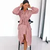 Vestidos casuais elegantes polka vestido colar de cachecol de colar de gola em V mulheres comutam uma linha de lanterna vintage sólida de lanterna ALIA