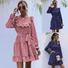 Casual Dresses Spring Summer Chiffon Dress Polka Dot Print Women's Elegant Midi Boho Mujer Long-sleeved Ruffled Retro With Belt