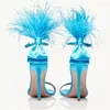 Sandals 2022 Summer Feather Solid Satin Belt-Buckle Belt Small-Tie-Tie Open Open Sexy Gladiator Women Women High Heeled Shoes 42