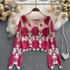 Kvinnors T -skjortor Hikigawa Chic Fashion Women Tops Retro Loose Crochet Hollow Design Långärmning Knit Tidig Autumn Thin O Neck Top Mujer
