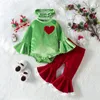 女の赤ちゃんのクリスマス服の服セット緑のベルベット長袖ハートプリントロンパーレッドフレアパンツヘッドバンド