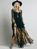 Casual Dresses 2022 Women's Long Maxi Dress Ruffles Chiffon Boho Large Hem Flower Printed Sleeve Black Holiday Robes