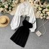 Set Women Office Lady Two Piece Dress Girls Puffed Sleeve Blouse Short Style Halter Elegant Puff Tops Bodycon Mini Skirt Outfits Summer Korean Suit Vintage 2023