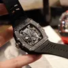Luksusowy męski zegarek mechaniczny beczka na wino Richa Milles Rm53-01 w pełni automatyczny zegarek z włókna węglowego czarna taśma męski zegarek szwajcarski