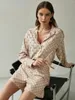 Casual Dresses Elegant Shorts Set Silk Shirt For Women Fashion Long Sleeve Pocket Print Two Piece Set 2022 Summer Work Satin Suit