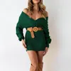 Повседневные платья Laisiyi Sweater Платье V v Nece вязаная Y2K Fashion Green Осень Осень Зимняя Твист теплая и толстая женская одежда MIDI