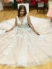 V 목 웨딩 드레스 가벼운 샴페인 바닥 길이 아플리크 오픈 백 라인 뒷모습 신부 가운 vesido de noiva