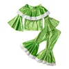 Children Clothing Set Girls Christmas Outfits Green Ruffle Tops Flared Pants Party Velvet Sets 2023 New Year Costume For Child