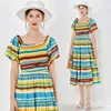 Vestidos casuais Primavera e verão Office Lady Square Collar for Women Colorful Stripes Apparel Sleeve Sleeve Dressal