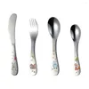 Zestawy naczyń obiadowych 4PC/SET KRÓTKI KRTULARY 304 STALIMIS CARDOON CARTOON CARVING SPOON FILK Nóż Portable Scoops Zestaw naczynia dla dzieci