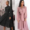 Robes décontractées Élégant Polka Dot Robe Écharpe Col Col V Femmes Trajet Solide A-ligne Lâche Vintage Lanterne Manches D30