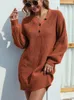 Casual Dresses Loose Knitted Sweater V Neck Button Long Lantern Sleeve Pullover Vestidos MMY-D2813