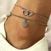 Cavigliere Summer Vintage Sun Moon Cavigliera a doppio strato in metallo per donna Femme Piede Gioielli Boho Barefoot Heart Beach Cavigliere Bracciale