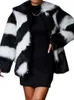 Women's Fur FMFSSOM Winter Women Faux Coat Fashion Casual Female Long Sleeve Black White Stripe Turn Down Collar Warm Coats