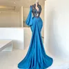 Blue Mermaid Prom Dresses Sexig Deep V-ringning Långärmar Evening Gown Bridesmaid Formella klänningar skräddarsydda
