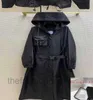Damenjacke, Kapuzen-Trenchcoat aus Nylon, Plane, solide Tasche, abnehmbarer Gürtel, langes Manteloberteil